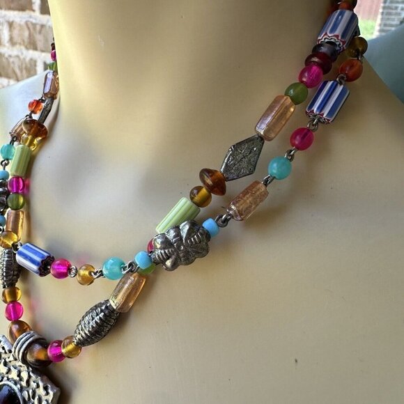 VTG Pendant Necklace 17" Beaded Art Glass Multicolor Double Strand Adjustable - Picture 3 of 8